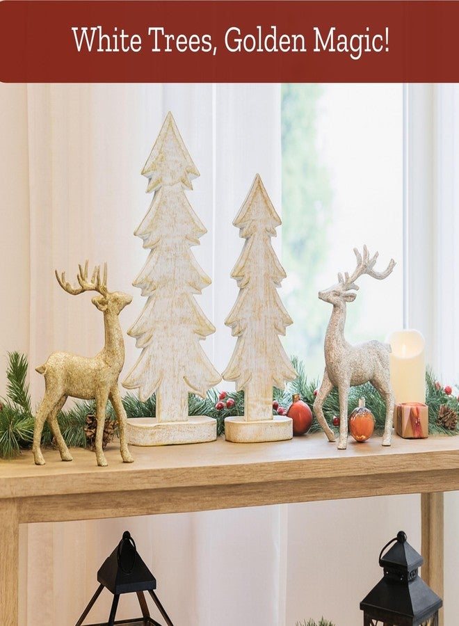 Mie Creations Christmas Tree Set of 2 Figurines, X Mas Decorations for Home, Living Room, Table Centerpiece, Mantel, Winter Holidays Decor, Shabby Chic White & Gold Wooden Christmas Trees-12,10 inch - Image 3
